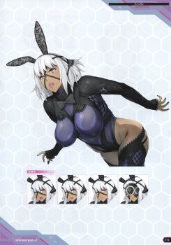 Rule 34 | 1girl, absurdres, animal ears, artbook, bent over, black nails, breasts, curvy, dark-skinned female, dark skin, fail (super robot wars x-omega), fake animal ears, foreshortening, gluteal fold, highleg, highleg leotard, highres, jumping, large breasts, leotard, lips, mask, medium hair, multiple views, nail polish, non-web source, official art, pink hair, rabbit ears, revealing clothes, scan, see-through clothes, see-through leotard, shatte judevesten, shiny skin, simple background, super robot wars, super robot wars x-omega, thighhighs, toenail polish, toenails, translation request, watanabe wataru (character designer)