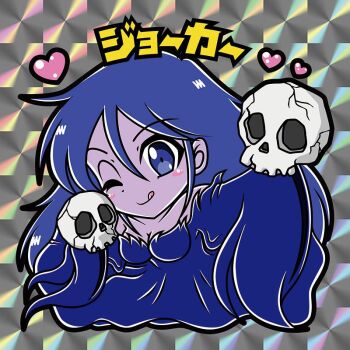 Rule 34 | bandai namco, blue eyes, blue hair, dress, ghost, heart, japanese text, joker (splatterhouse), namco, skull, smile, splatterhouse, tongue