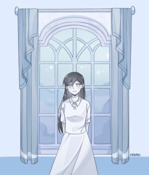 1girl alternate_costume aoihiraki black_hair blush closed_mouth collared_shirt colored_skin commentary curtains double-parted_bangs english_commentary hair_between_eyes highres long_hair long_skirt looking_at_viewer mari_(omori) mari_(spirit)_(omori) omori scene_reference shirt skirt smile solo white_eyes white_shirt white_skin white_skirt window