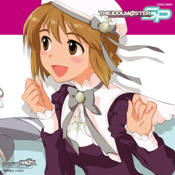 Rule 34 | 1girl, :d, album cover, annindoufu (oicon), beret, black dress, blunt ends, blush, bow, bowtie, breasts, brown hair, copyright notice, cover, dress, drop shadow, fingernails, grey bow, grey bowtie, hagiwara yukiho, hands up, hat, highres, idolmaster, idolmaster (classic), idolmaster sp, long sleeves, official art, open mouth, short hair, smile, solo, third-party source, upper body, white hat