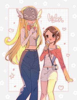 2girls alternate_costume angewomon blonde_hair blue_pants brown_eyes brown_hair covered_eyes cowboy_shot digimon digimon_adventure_02 english_text hanana_(ymbk_sb) helmet helmet_over_eyes highres holding holding_ice_cream_cone ice_cream_cone long_hair multiple_girls pants shirt short_hair shorts simple_background white_background white_shirt white_shorts yagami_hikari