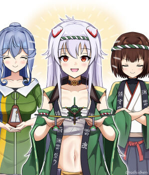 3girls aircraft airplane animal_ears azur_lane black_hakama black_skirt blue_eyes blue_hair clothes_writing crossed_arms crossover dog_ears dress e16a_zuiun faceless faceless_male gotland_(kancolle) gotland_(zuiun_festival)_(kancolle) green_dress green_happi hakama highres historical_name_connection hyuuga_(azur_lane) hyuuga_(kancolle) hyuuga_(zuiun_festival)_(kancolle) hyuuga_kai_ni_(kancolle) japanese_clothes kantai_collection long_hair looking_at_viewer metronome multiple_girls name_connection nejiri_hachimaki ponytail red_eyes roshi_chen sarashi skirt white_hair
