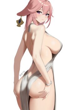 1girl animal_ears artist_name ass ass_focus ass_support back backless_dress backless_outfit bare_arms bare_legs bare_shoulders bareback blush breasts closed_mouth cowboy_shot dot_nose dress ears_down expressionless eyebrows eyelashes female_focus fox_ears fox_girl from_behind genshin_impact highres huge_ass large_breasts long_hair looking_at_viewer looking_back pink_hair purple_eyes sideboob sideless_dress sideless_outfit sidelocks simple_background sleeveless sleeveless_dress smile solo standing thighs white_background white_dress yae_miko zetyi