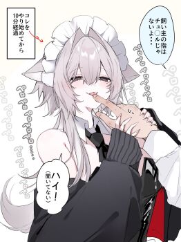 1girl animal_ears anoyo_(anoyode0) banknote cat_ears cat_girl dialogue_box grey_eyes grey_hair highres licking licking_finger long_hair maid_headdress money money_between_breasts off_shoulder original over-kneehighs playboy_bunny tail thighhighs