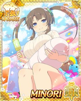 Rule 34 | 1girl, 1other, baby, baby carry, blue eyes, breasts, brown hair, card (medium), carrying, character name, closed mouth, floral print, game cg, green hair ornament, hairband, indoors, large breasts, light blush, long hair, looking down, minori (senran kagura), motherly, official art, pink skirt, ring hair ornament, senran kagura, senran kagura new wave, sitting, skirt, smile, solo focus, sparkle, stuffed animal, stuffed rabbit, stuffed toy, sweater, third-party source, turtleneck, turtleneck sweater, twintails, white hairband, white sweater, yellow pupils