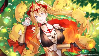 1girl algorhythm_project armor artist_request asteroth_(algorhythm_project) black_choker black_dress blonde_hair blue_eyes breasts choker dragon_horns dress earrings fur_trim gold_trim highres horns jewelry long_hair medium_breasts official_art red_nails single_earring smile solo teeth very_long_hair virtual_youtuber