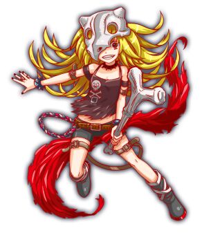 1girl animal_skull anime_coloring ankle_boots arm_belt artist_request bare_shoulders belt belt_buckle bike_shorts black_boots black_collar black_nails black_shorts blonde_hair bone bone_print boots bracelet brown_belt brown_tank_top buckle clenched_teeth closed_mouth collar crash_fever fang fingernails full_body game_cg gold_buckle holding holding_bone jewelry leg_belt leg_wrap long_hair looking_at_viewer midriff_peek nail_polish number_print numbered official_art one_eye_covered outline print_tank_top red_eyes red_outline ring short_shorts shorts simple_background skull_and_crossbones skull_on_head skull_print solo spaghetti_strap spiked_bracelet spiked_collar spikes square square_print tachi-e tank_top teeth third-party_source torn_clothes torn_tank_top transparent_background very_long_hair yuno_(crash_fever)