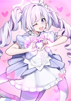 1girl absurdres ahoge blue_archive cowboy_shot dress earrings halo heart heart_hands highres jewelry long_hair looking_at_viewer one_eye_closed open_mouth pantyhose pink_hair purple_eyes purple_hair reisa_(blue_archive) reisa_(magical)_(blue_archive) remise short_sleeves smile solo star_halo striped_clothes striped_pantyhose twintails