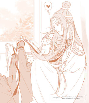 Rule 34 | 2boys, ahoge, chinese clothes, closed mouth, commentary request, couple, from side, hair ribbon, hanfu, headband, heart, holding, holding another's hair, holding own hair, holding ribbon, hug, hug from behind, indoors, lan wangji, long hair, long sleeves, looking at another, male focus, modao zushi, monochrome, multiple boys, open mouth, ponytail, profile, ribbon, robe, sidelocks, sitting, smile, speech bubble, spoken heart, thought bubble, topknot, twitter username, watermark, wei wuxian, wide sleeves, window, xiao guan (headdress), yaoi, ykmr (haga)