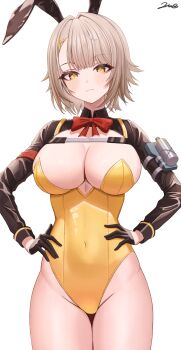 1girl absurdres alternate_breast_size_(larger) animal_ears black_gloves black_shrug blush bow bowtie breasts brown_hair cleavage commentary covered_navel english_commentary fake_animal_ears frown girls'_frontline girls'_frontline_2:_exilium gloves groin hair_ornament hairclip hands_on_own_hips highleg highleg_leotard highres hip_focus large_breasts leotard medium_hair rabbit_ears red_bow red_bowtie shrug_(clothing) skin_tight solo thighs twootax vector_(girls'_frontline) vector_(girls'_frontline_2) vector_(molotov_bunny)_(girls'_frontline_2) yellow_eyes yellow_leotard