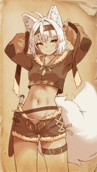 1girl absurdres adjusting_clothes adjusting_headwear amayon animal_ears belt breasts brown_shirt brown_shorts criss-cross_straps crop_top fang fang_out fox_ears fox_girl fox_tail fur-trimmed_shorts fur_trim headband highres hood hood_down hooded_shirt limited_palette long_sleeves looking_at_viewer navel original patch patchwork_clothes sheath sheathed shirt short_hair short_shorts short_sword shorts skin_fang small_breasts smile stomach sword tail thigh_belt thigh_strap weapon white_hair yellow_eyes