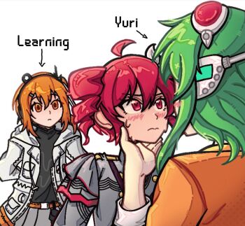 3girls a.i._voice adachi_rei ahoge black_sweater blush drill_hair goggles goggles_on_head green_hair grey_jacket grey_skirt gumi gumi_(ai_megpoid) gumitetoyuri headphones jacket kasane_teto kasane_teto_(sv) looking_at_another medium_hair meme multiple_girls new_mimic_theory_(meme) open_clothes open_jacket orange_eyes orange_hair orange_jacket pleated_skirt red_eyes red_goggles red_hair short_hair simple_background skirt sweatdrop sweater synthesizer_v twin_drills utau vocaloid white_background white_jacket