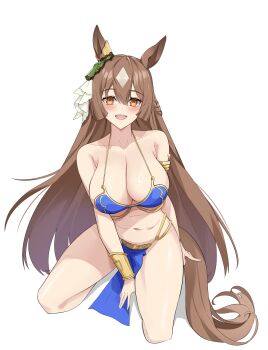 1girl absurdres alternate_costume animal_ears armlet armor bare_shoulders bikini_armor blue_loincloth blush braid breasts brown_hair cleavage collarbone commentary_request dancer ear_ornament hair_between_eyes half_up_braid highres horse_ears horse_girl horse_tail jewelry keycccat kneeling large_breasts loincloth looking_at_viewer multicolored_hair navel open_mouth satono_diamond_(umamusume) simple_background smile solo stomach streaked_hair tail umamusume white_background white_hair yellow_eyes