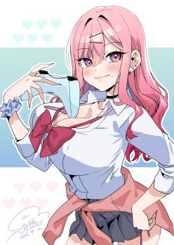 1girl absurdres aqua_background black_choker black_skirt blue_scrunchie blush bow bowtie breasts cardigan cardigan_around_waist choker cleavage closed_mouth clothes_around_waist collared_shirt commentary_request controller cowboy_shot dated ear_piercing earrings fang fingernails gal_gamer_ni_homeraretai game_controller geshumaro gyaru hair_between_eyes hair_ornament hairclip hand_on_own_hip hand_up heart highres holding holding_controller holding_game_controller jewelry large_breasts long_fingernails long_hair looking_at_viewer piercing pink_cardigan pink_eyes pink_hair pink_nails pleated_skirt red_bow red_bowtie school_uniform scrunchie shirt side-tie_peek signature skin_fang skirt smile solo standing suzuki_rion two-tone_background white_background white_shirt wrist_scrunchie