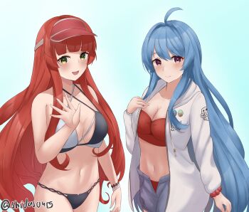 2girls ahoge azur_lane bikini bikini_under_clothes bikini_bottom_under_shorts blue_hair breasts cleavage cosplay costume_switch cowboy_shot criss-cross_halter crossover halterneck helena_(azur_lane) helena_(azur_lane)_(cosplay) helena_(kancolle) helena_(kancolle)_(cosplay) helena_(shimmering_triangle_wave)_(azur_lane) helena_(swimsuit)_(kancolle) highres historical_name_connection jacket kantai_collection long_hair looking_at_viewer medium_breasts multicolored_bikini multiple_girls name_connection red_hair shidas0459 shorts swimsuit trait_connection twitter_username two-tone_bikini visor_cap waving