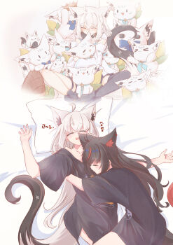 >_< 2girls :3 =_= ^_^ absurdres animal_ears black_hair black_shirt black_thighhighs chamomile_(kazumasa) closed_eyes commentary_request creature crown detached_sleeves fox_ears fox_girl fox_tail fubuchun head_on_chest head_on_pillow highres holding holding_creature holding_crown hololive hug kurokami_fubuki long_hair lying miteiru_(shirakami_fubuki) multicolored_hair multiple_girls no_pants on_back on_side open_mouth oruyanke_(shirakami_fubuki) pillow red_hair shirakami_fubuki shirakami_fubuki_(loungewear) shirt single_thighhigh sitting sleeping solid_oval_eyes streaked_hair sukonbu_(shirakami_fubuki) tail thighhighs two-tone_hair virtual_youtuber white_hair