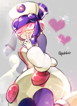 1girl closed_mouth commentary_request dress grey_background hat index_finger_raised long_sleeves looking_at_viewer meddy.exe_(mega_man) mega_man_(series) mega_man_battle_network_(series) nurse_cap one_eye_closed pantyhose pechka purple_hair purple_pantyhose sidelocks sparkle twitter_username white_dress white_hat