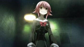 1girl black_dress blush bow bowtie breasts chaos;child chaos;child_love_chu_chu!! chest_bow clenched_teeth collarbone colored_eyelashes constricted_pupils crazy crazy_eyes crazy_grin crazy_smile cropped_jacket dress from_below game_cg hair_between_eyes hekiho_academy hekiho_academy_school_uniform highres indoors long_sleeves looking_at_viewer non-web_source official_art onoe_serika pink_eyes pink_hair red_bow red_bowtie sailor_collar sasaki_mutsumi school_emblem school_uniform science_adventure short_hair short_hair_with_long_locks sidelocks smile solo teeth upper_teeth_only white_sailor_collar wide-eyed yandere