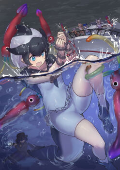 6+girls animal_ears black_boots black_hair black_hat black_one-piece_swimsuit black_pantyhose black_skirt black_sweater blonde_hair blowhole blue_eyes blue_hair blue_hat blue_pantyhose blue_skirt boat boots bound bound_wrists cat_ears cat_girl cat_tail cellien_(kemono_friends) cetacean_tail crab-eating_raccoon_(kemono_friends) dolphin_girl dorsal_fin elbow_gloves fins fish_tail fox_ears fox_girl fox_tail frilled_one-piece_swimsuit frilled_skirt frills gloves grey_hair grey_skirt hair_between_eyes hat head_fins high-waist_skirt hikari_(kemono_friends) kemono_friends kemono_friends_3 large-spotted_genet_(kemono_friends) long_hair multicolored_hair multiple_girls one-piece_swimsuit orange_shirt pantyhose partially_submerged pencil_skirt pink_sweater pleated_skirt print_skirt print_sleeves print_thighhighs puffy_short_sleeves puffy_sleeves raccoon_ears raccoon_girl raccoon_tail rueppell&#039;s_fox_(kemono_friends) shirt short_hair short_sleeves short_twintails sidelocks skirt socks sperm_whale_(kemono_friends) sweater swimming swimsuit tadano_magu tail thigh_boots thighhighs twintails two-tone_hair two-tone_one-piece_swimsuit underwater ushanka water_gun watercraft whale_girl white_gloves white_hair white_one-piece_swimsuit white_shirt white_socks white_thighhighs yellow_skirt yellow_sleeves yellow_thighhighs zettai_ryouiki