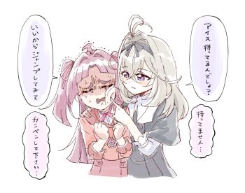 Rule 34 | 2girls, ahoge, antenna hair, black dress, black ribbon, blonde hair, blush stickers, bullying, cheek poking, closed eyes, dress, hair intakes, hair ribbon, hand on another's cheek, hand on another's face, hand on another's shoulder, highres, kobayashi mikuru, long hair, looking at another, meitantei precure!, moria luluka, multiple girls, piku (another pikuru), pink ribbon, poking, precure, purple eyes, red shirt, red skirt, ribbon, shaking, shirt, simple background, skirt, smile, sweat, translated, two side up, white background