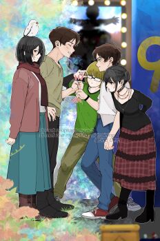 2girls 3boys 5nd_0mc adjusting_eyewear alternate_universe animal animal_on_head armin_arlert bird bird_on_head black_boots black_choker black_hair black_pants black_shirt blonde_hair blue_pants blue_skirt boots breasts brown_boots brown_hair brown_pants cardigan choker earrings eren_yeager fist_bump flower full_body glasses goth_fashion green_eyes green_shirt grey_eyes grey_shirt hair_between_eyes height_difference highres jewelry light_blush long_skirt medium_breasts mikasa_ackerman multiple_boys multiple_girls multiple_necklaces official_alternate_costume on_head pants parted_bangs parted_lips pink_cardigan pink_flower red_scarf red_shoes red_skirt scarf shingeki_no_kyojin shirt shirt_under_shirt shoes short_twintails skirt sneakers studded_choker twintails white_shirt