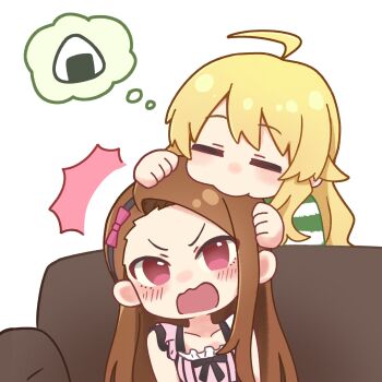 2girls =_= ^^^ ahoge asymmetrical_bangs blonde_hair blush brown_hair child chiwawa174 closed_eyes collarbone commentary couch deformed dress food forehead highres hoshii_miki idolmaster idolmaster_(classic) idolmaster_million_live! idolmaster_million_live!_theater_days indoors minase_iori multiple_girls on_couch onigiri open_mouth pink_dress pink_eyes shirt shy simple_background single_sidelock sitting sleeveless sleeveless_dress speech_bubble standing striped_clothes striped_shirt swept_bangs thought_bubble v-shaped_eyebrows wavy_hair wavy_mouth white_background
