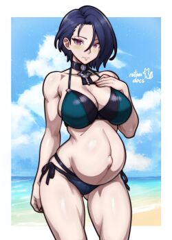 1girl abs absurdres alternate_costume artist_name bare_arms bare_shoulders beach bikini black_bikini black_choker blue_hair breasts choker cleavage collarbone commission female_focus fire_emblem fire_emblem:_three_houses gluteal_fold hair_between_eyes hand_on_own_chest highres ko-fi_commission large_breasts linea_nigra multi-strapped_bikini_bottom navel nintendo ocean outdoors outie_navel pregnant purple_eyes rotomdocs shamir_nevrand short_hair side-tie_bikini_bottom sideboob skindentation solo stomach swimsuit thick_thighs thighs toned toned_female