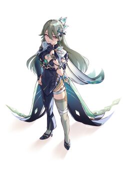 1girl asymmetrical_clothes black_bodysuit black_gloves black_shoes bodysuit breasts cleavage_cutout clothing_cutout commentary full_body gloves grey_thighhighs hair_between_eyes hair_ornament half_gloves high_heels highres honkai_(series) honkai_impact_3rd kimi_craze looking_at_viewer looking_up medium_breasts shoes simple_background single_half_glove single_leg_bodysuit smile solo standing thigh_strap thighhighs vita_(honkai_impact) vita_(lone_planetfarer)_(honkai_impact) white_background