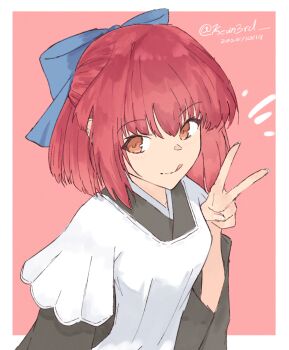 1girl absurdres artist_name blue_bow border bow brown_eyes dated hair_bow hashtag-only_commentary highres kevin3rd kohaku_(tsukihime) looking_at_viewer maid red_hair short_hair smile solo tongue tongue_out tsukihime twitter_username v white_border