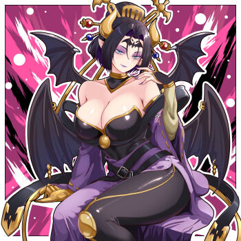1girl absurdres bare_shoulders bat_tattoo black_hair breasts cleavage daiichi_(k_daiiti) demon demon_girl demon_horns demon_wings digimon eyeshadow facial_mark fallen_angel fingernails forehead_mark forehead_tattoo hair_ornament highres horns large_breasts lilithmon looking_at_viewer makeup mole mole_under_eye multiple_wings piercing pointy_ears purple_eyeshadow purple_lips revealing_clothes sharp_fingernails tattoo wing_piercing wings