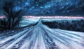 bare_tree commentary_request landscape night no_humans original outdoors pizza_(pddc8233) road scenery sky snow star_(sky) starry_sky tree winter