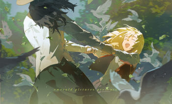 2girls bird black_hair black_skirt blonde_hair blurry blurry_foreground closed_eyes cowboy_shot dancing emmmerald english_text frieda_reiss hair_between_eyes hat highres holding_hands krista_lenz long_hair multiple_girls open_mouth pink_skirt red_vest shingeki_no_kyojin shirt skirt smile spinning sun_hat vest white_shirt