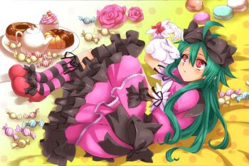 1girl ahoge black_bow black_dress bow candy commentary_request donut dress flower food gloves green_hair hair_between_eyes hair_bow katachi_yumiyuri long_hair lying macaron multicolored_dress on_bed on_side pink_dress pink_flower pink_rose plate polaris_(shinrabanshou) rabbit red_shoes rose shinrabanshou shoes socks solo striped_clothes striped_socks teapot white_gloves