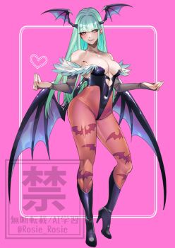 1girl animal_print artist_name bare_shoulders bat_print black_boots black_leotard blush boots breasts bridal_gauntlets cleavage clothing_cutout commentary darkstalkers demon_girl demon_wings full_body green_hair head_wings heart heart_cutout high_heel_boots high_heels highleg highleg_leotard leotard long_hair low_wings medium_breasts morrigan_aensland multiple_wings pantyhose pink_background print_pantyhose rosie_rosie simple_background solo symbol-only_commentary twitter_username watermark wings yellow_eyes