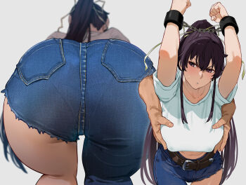 1girl ass ass_focus asymmetrical_clothes bakkanki belt black_hair breasts brown_belt commentary covered_erect_nipples cuffs denim disembodied_hand grabbing_another&#039;s_breast grey_background groping hair_between_eyes hair_ribbon handcuffs huge_ass jeans kanzaki_kaori large_breasts long_hair multiple_views paid_reward_available pants pantylines ponytail purple_eyes ribbon shirt simple_background single_pantsleg tied_shirt toaru_majutsu_no_index toaru_majutsu_no_index:_old_testament very_long_hair white_shirt