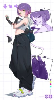 1girl absurdres alternate_costume arcade_stick bag baggy_pants bibi_(tokoyami_towa) black_pants commentary_request controller crop_top demon_tail game_controller grey_hoodie grid_background highres hololive hood hoodie joystick looking_at_viewer pants piercing purple_hair shoes short_hair shoulder_bag simple_background simuyutou sneakers tail tail_ornament tail_piercing tokoyami_towa tongue tongue_out