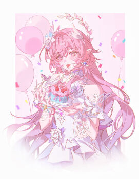 1girl absurdres armlet balloon bare_shoulders cake confetti cyrene_(demiurge)_(honkai:_star_rail) cyrene_(honkai:_star_rail) dress fingernails flower food hair_flower hair_ornament hands_up highres honkai:_star_rail honkai_(series) jewelry long_hair looking_at_viewer open_mouth pink_hair pink_theme pointy_ears purple_eyes purple_flower purple_rose rose sidelocks smile solo white_dress zhongjin