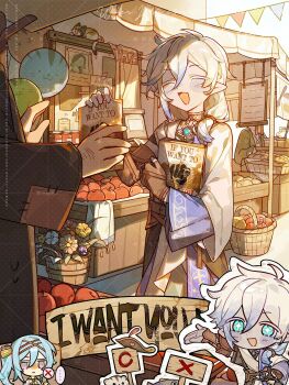 1boy 1girl 1other animal apple aqua_gem balloon basket blue_eyes blue_flower blue_hair blush brown_coat bulletin_board cat closed_eyes coat colored_skin day flower food fruit gem gradient_hair hair_between_eyes hair_ornament happy highres holding holding_paper jam jar layered_sleeves leaf long_sleeves multicolored_hair multiple_views open_mouth orange_flower original outdoors paper pear potato purple_eyes screentones sidelocks standing string_of_flags sui_jiu_sheng sunlight tassel white_hair yellow_flower