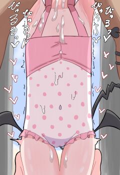 1boy 1girl absurdres armpits barefoot blue_archive commentary_request covered_navel cum cum_on_body demon_girl demon_tail demon_wings ejaculation fellatio flat_chest frills head_out_of_frame heart hetero highres ibuki_(blue_archive) implied_fellatio kneeling loli narrow_hips one-piece_swimsuit oral parapara_(parapara556) pink_one-piece_swimsuit polka_dot polka_dot_swimsuit solo_focus swimsuit tail thigh_gap trembling wings