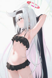 Rule 34 | 1girl, absurdres, armpits, arms behind head, bikini, black bikini, black choker, black eyes, black hairband, blue archive, blush, bow, braid, breasts, chiu538, choker, closed mouth, colored inner hair, commentary request, cowboy shot, frilled bikini, frills, grey hair, hair bow, hairband, halo, highres, long hair, looking afar, looking ahead, multicolored hair, navel, pink hair, plana (blue archive), profile, red halo, side braid, simple background, single braid, small breasts, solo, standing, stomach, swimsuit, two-tone hair, very long hair, white background, white bow
