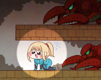 1girl 2others all_fours blonde_hair blue_bodysuit blush bodysuit chibi colored_skin commentary_request crawling flying_sweatdrops meme metroid metroid:_zero_mission multiple_others nintendo open_mouth ponytail red_skin samus_aran space_pirate_(metroid) speakiposting_(meme) tearing_up trickcal wakaba_(wata_ridley) zebesian zero_suit