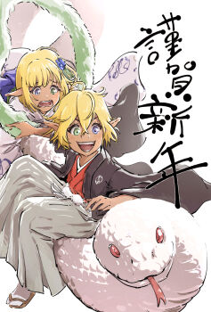 1boy 1girl aura_bella_fiora blonde_hair blue_eyes blunt_bangs brother_and_sister check_commentary chinese_zodiac commentary_request crossdressing crossdressing_(ftm) crossdressing_(mtf) dark-skinned_female dark-skinned_male dark_elf dark_skin elf flower forked_tongue green_eyes hair_flower hair_ornament hakama heterochromia highres japanese_clothes mare_bello_fiore ninjin_ika open_mouth overlord_(maruyama) pointy_ears red_eyes sandals short_hair siblings snake teeth tongue tongue_out trap white_background white_snake year_of_the_snake