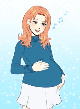 1girl absurdres adricarra annette_fantine_dominic blue_eyes blue_sweater fire_emblem fire_emblem:_three_houses hands_on_belly highres misscherrylle music musical_note nintendo open_mouth orange_hair pregnant singing skirt smile solo sweater white_skirt