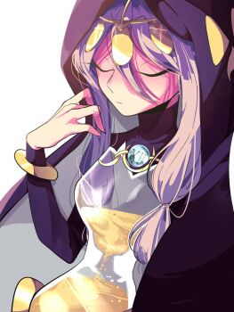 1girl 2018 aeon_(skullgirls) anklet bracelet capri_pants chain closed_eyes closed_mouth commentary expressionless gold highres hood hourglass jewelry korean_commentary low-tied_sidelocks low_twintails no_nipples pants pink_hair purple_background roman_numeral sand shoes shrug_(clothing) sidelocks simple_background skullgirls smile solo tiara turtleneck twintails u_sihoo white_background