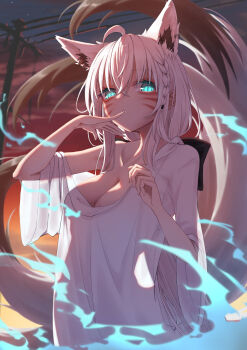 1girl absurdres ahoge animal_ear_fluff animal_ears black_bow bow braid breasts cleavage commentary_request dusk earrings extra_ears facepaint finger_in_own_mouth fox_ears fox_girl fox_tail glowing glowing_eyes green_eyes hair_between_eyes hair_bow highres hololive jewelry long_hair looking_at_viewer loose_clothes loose_shirt low_ponytail medium_breasts multiple_tails nanaba_(7leaves) outdoors ponytail shirakami_fubuki shirt sidelocks single_braid slit_pupils solo tail utility_pole virtual_youtuber white_hair white_shirt