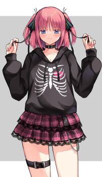 1girl belt black_collar black_hoodie black_ribbon blue_eyes blush closed_mouth collar go-toubun_no_hanayome hair_ribbon highres holding holding_ribbon hood hoodie lace lace-trimmed_skirt lace_trim layered_skirt long_sleeves looking_at_viewer medium_hair nail_polish nakano_nino plaid_clothes plaid_skirt profnote red_hair red_nails red_skirt ribbon skirt smile solo thigh_belt thigh_strap