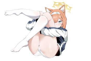 1girl animal_ear_fluff ass blue_archive blue_eyes blush hairband halo highres jacket kneehighs long_hair looking_at_viewer mari_(blue_archive) mari_(track)_(blue_archive) orange_hair panties plentyofempty simple_background smile socks solo underwear white_background white_panties white_socks