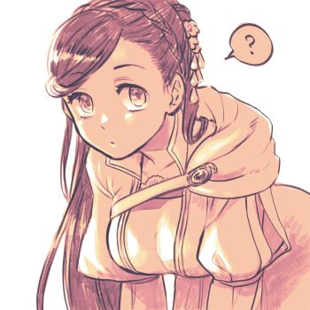 1girl ? bent_over braid breasts capelet cleavage commentary_request crown_braid dress hitsuki_(hiidukii) honzuki_no_gekokujou large_breasts long_dress long_hair myne_(honzuki_no_gekokujou) sepia solo spoken_question_mark