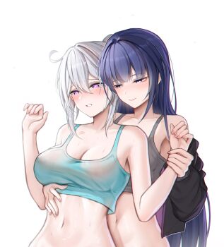 2girls absurdres alternate_costume aqua_shirt bare_shoulders blush breasts chinese_commentary cleavage closed_mouth collarbone commentary_request crop_top grey_shirt hair_between_eyes half-closed_eyes highres holding_another's_wrist honkai_(series) honkai_impact_3rd kiana_kaslana lipstick_mark lipstick_mark_on_shoulder long_hair looking_at_another medium_breasts multiple_girls navel parted_lips purple_eyes purple_hair raiden_mei shirt side_ahoge simple_background smile stomach sweat tearing_up upper_body white_background white_hair ying_ling yuri