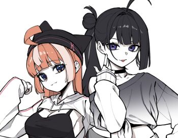 2girls ahoge armpits baegsaeg_waesyong black_collar black_hair black_hat black_tank_top blue_eyes breasts character_request cleavage closed_mouth collar commentary_request copyright_request fang gradient_sweater grey_sweater hair_bun hair_intakes hand_up hat hood hood_down hooded_shrug korean_commentary l_hand large_breasts long_hair long_sleeves looking_at_viewer multicolored_hair multiple_girls off-shoulder_sweater off_shoulder orange_hair shrug_(clothing) simple_background single_off_shoulder star-shaped_pupils star_(symbol) streaked_hair sweater symbol-shaped_pupils tank_top tongue tongue_out upper_body virtual_youtuber white_background white_shrug